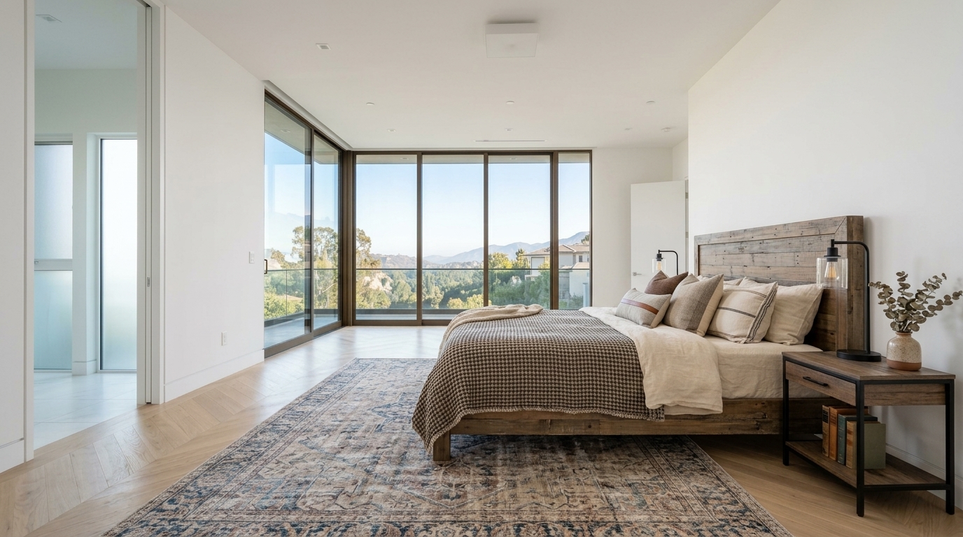 The same bedroom staged in a farmhouse style
