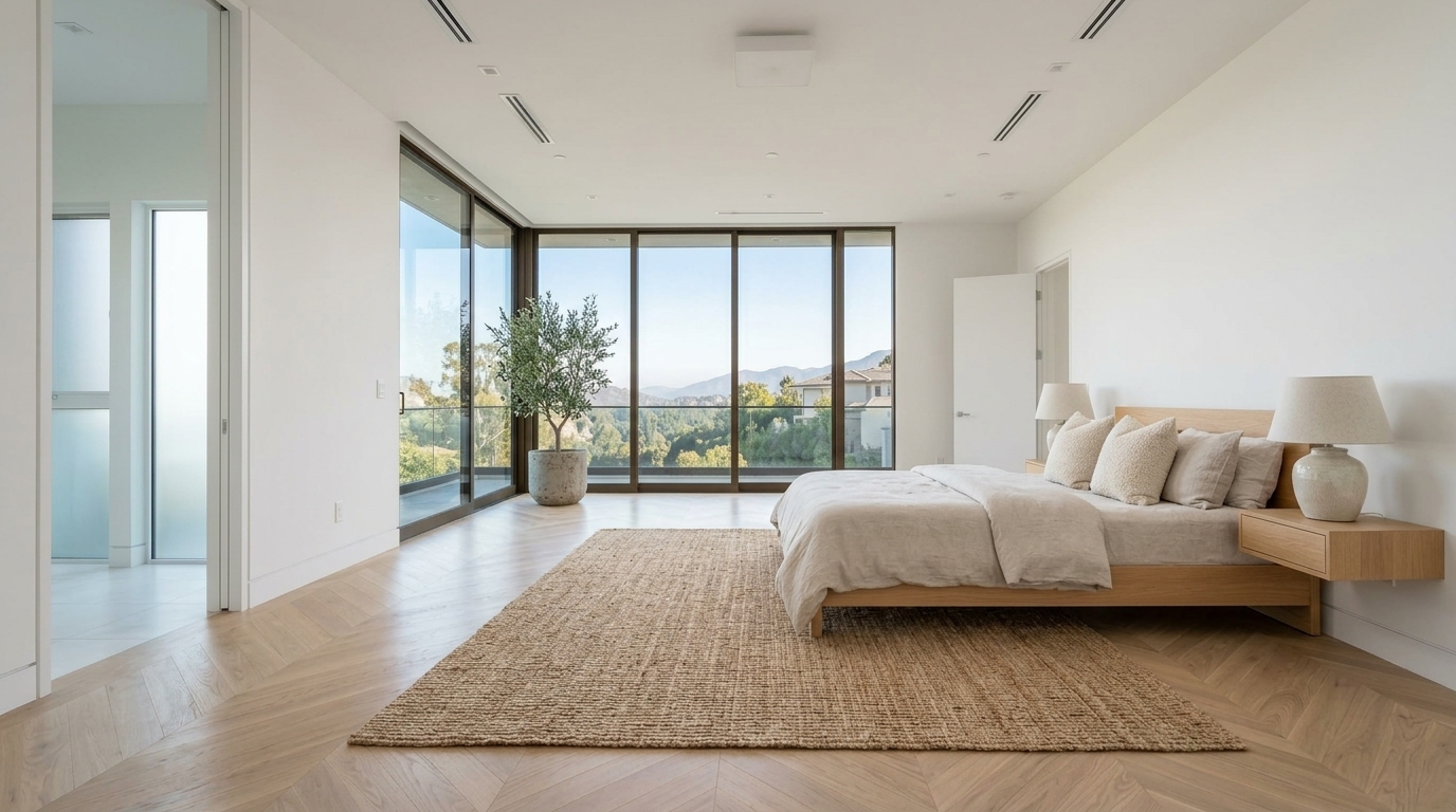 The same bedroom after Scandinavian furniture is added