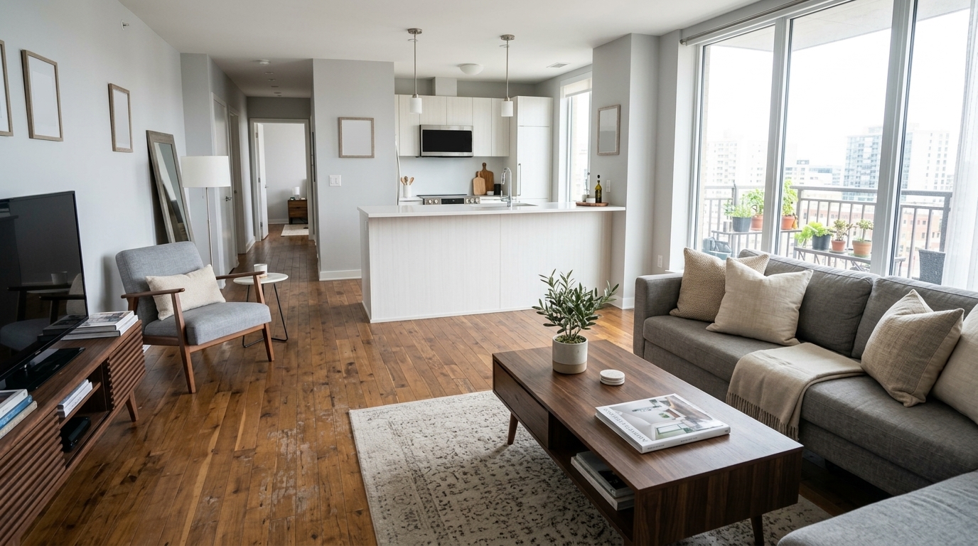 The same living room after clutter is removed