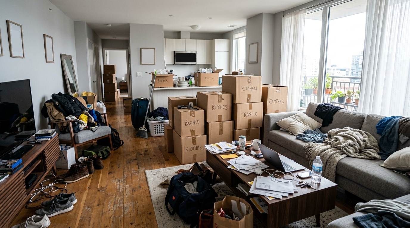 Cluttered living room with boxes and clothes