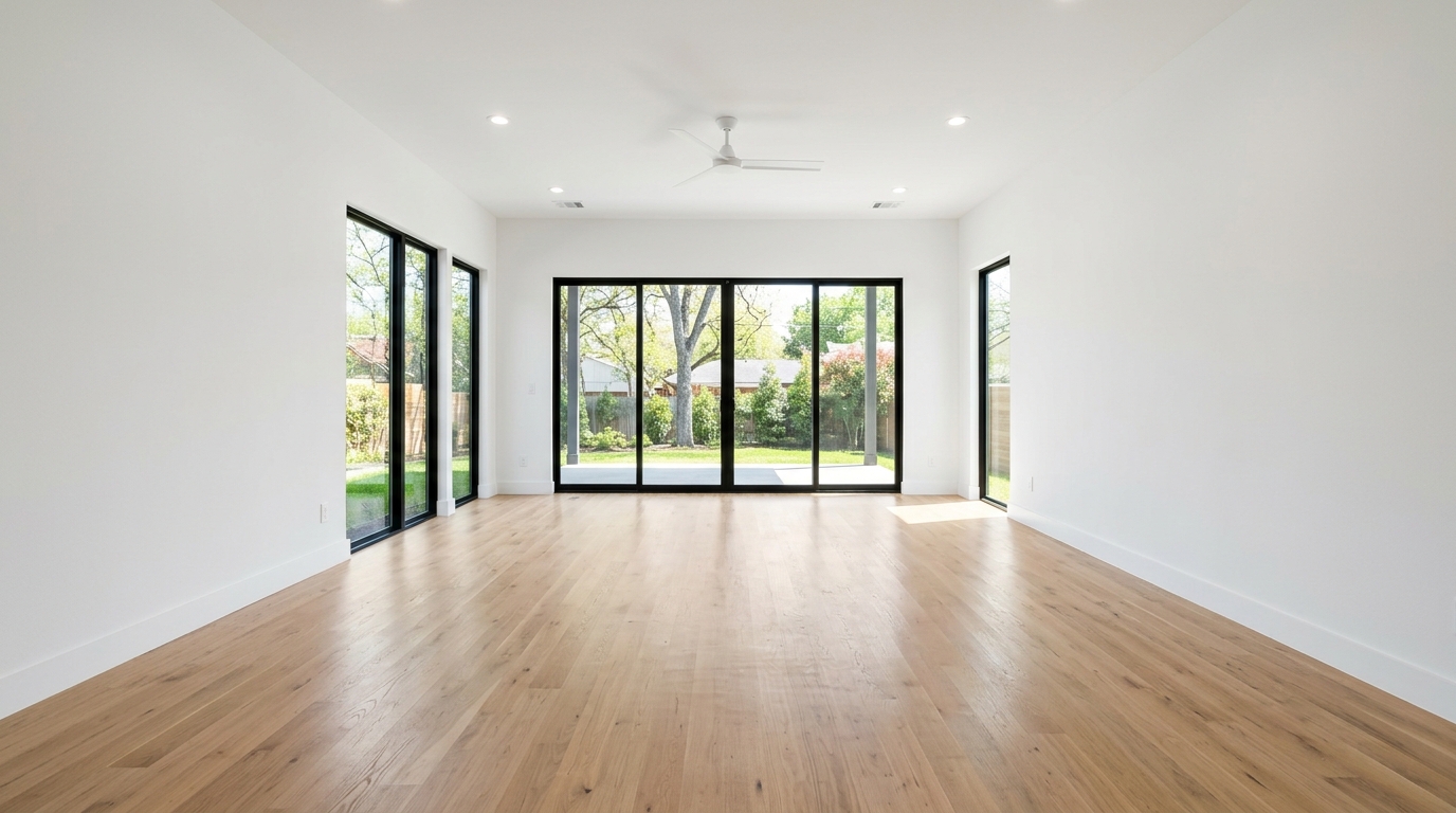 Empty dining area beside glass doors