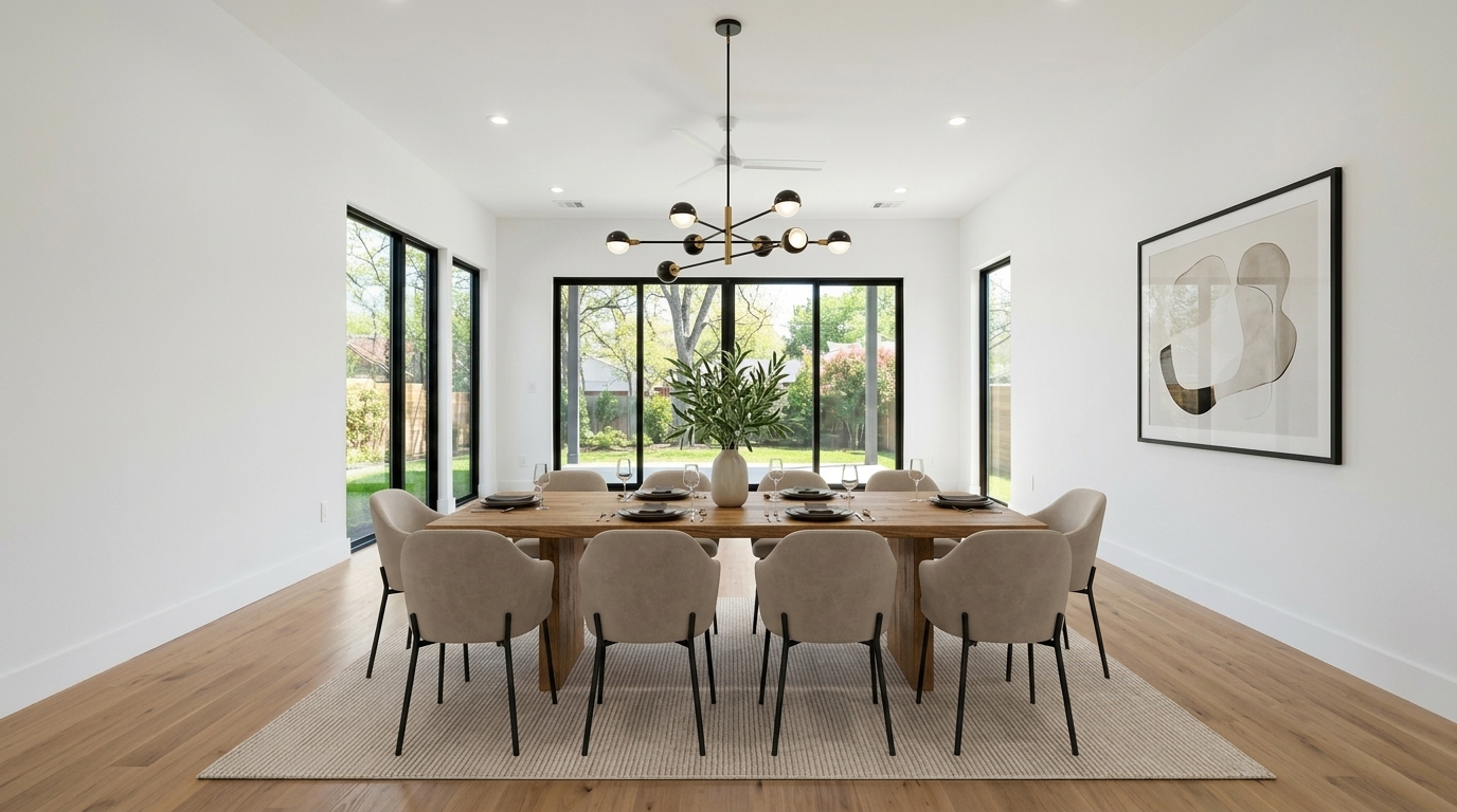 The same dining area with a table, chairs and a pendant light added