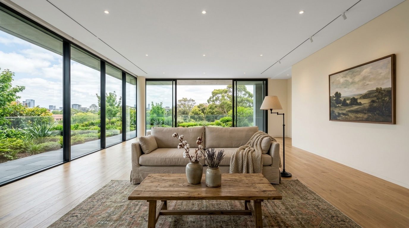 The same living room staged in a farmhouse style