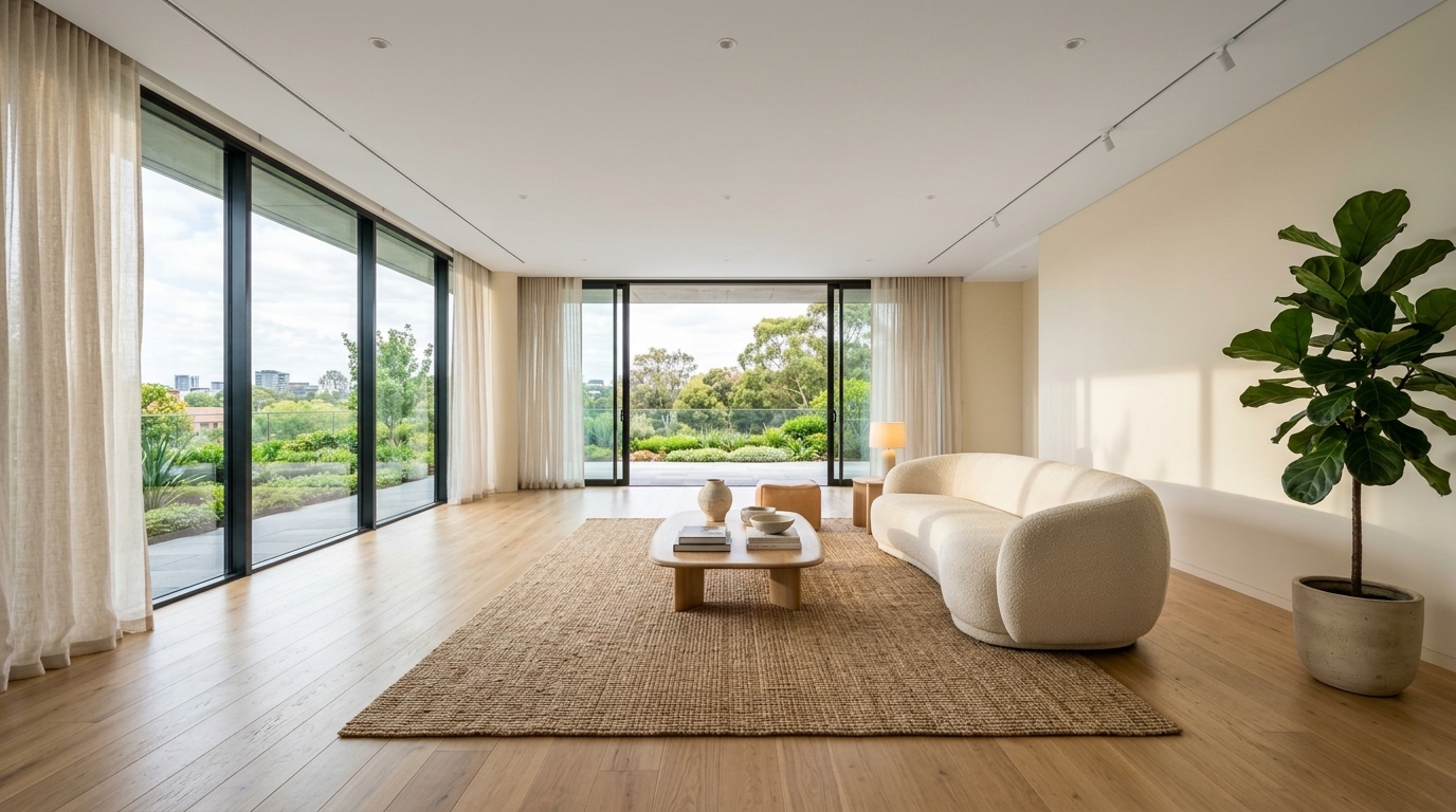 The same living room virtually staged in a Scandinavian style