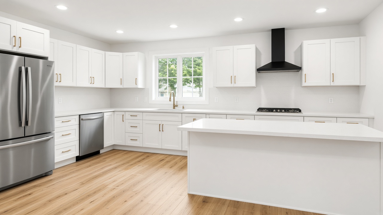Empty white kitchen with island and stainless appliances