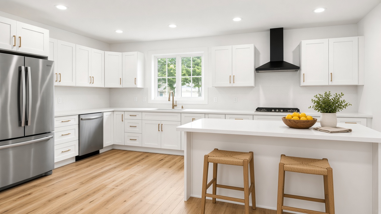 The same kitchen with stools and a few accessories added