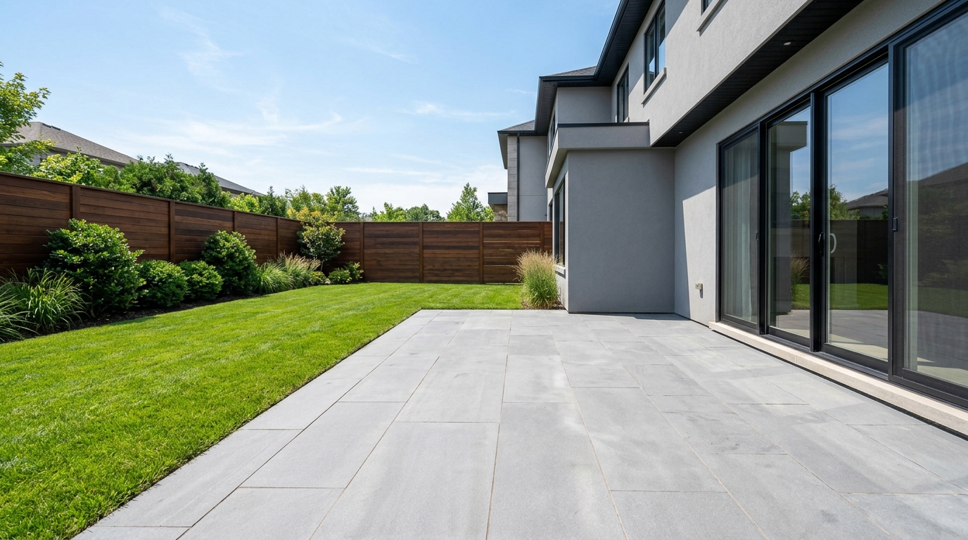 Empty concrete patio beside a lawn